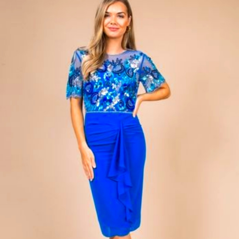 ASOS Blue Embellished Sheer Asymmetrical Dress - Picture 13 of 16